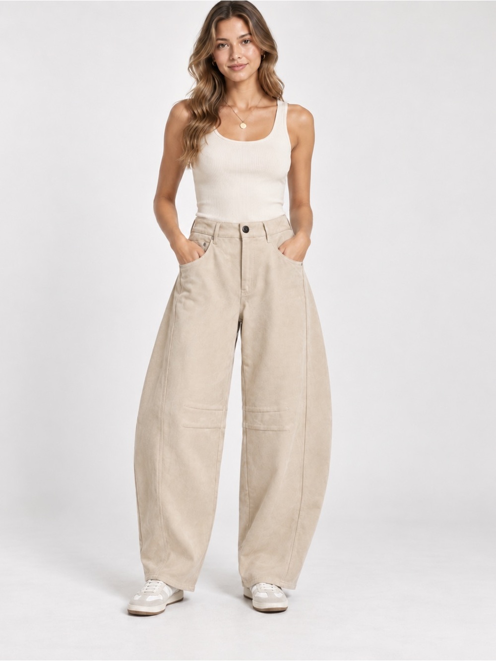 High-Rise Wide-Leg Trousers in Light Beige